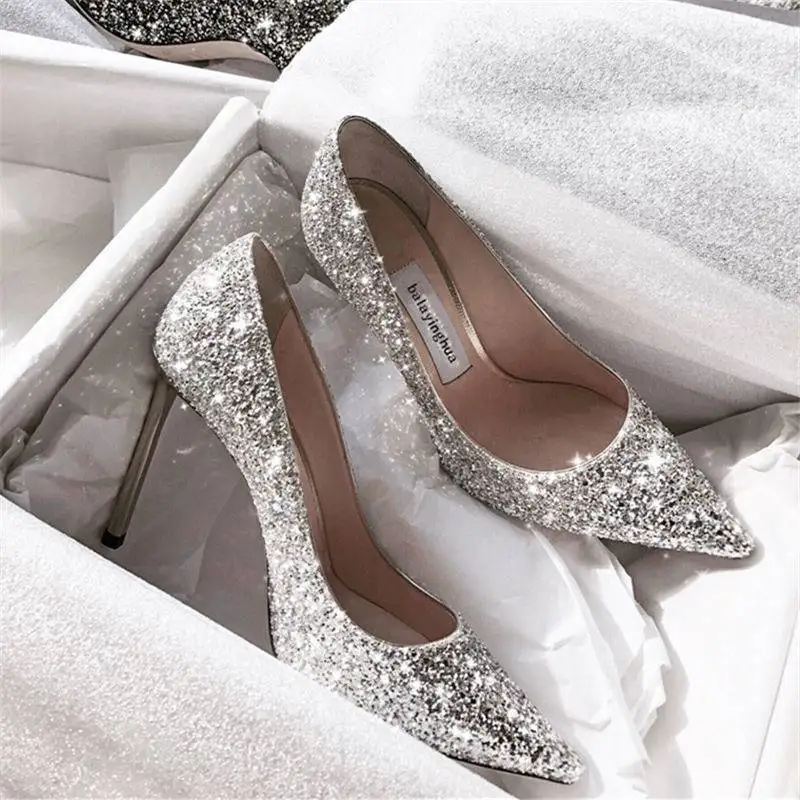 

2022 Fashion Spring Autumn Woman 9CM/7CM High Heels Gold Silver Shoes Stiletto Pointed Toe Slip-on PU Bling Casual Ladies Shoes