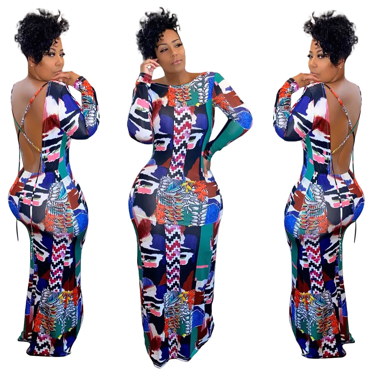 

B1204TA62 Fast Shipping Long Sleeve Printed Stretchy Skirt Backless Sexy Women Dresses