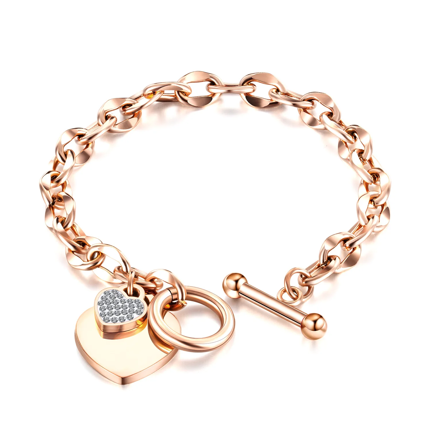 

Luxury Rose Gold Stainless Steel Heart Pendant Charm Bracelet Exquisite Rhinestone Crystal Heart Bracelet For Sweet Love