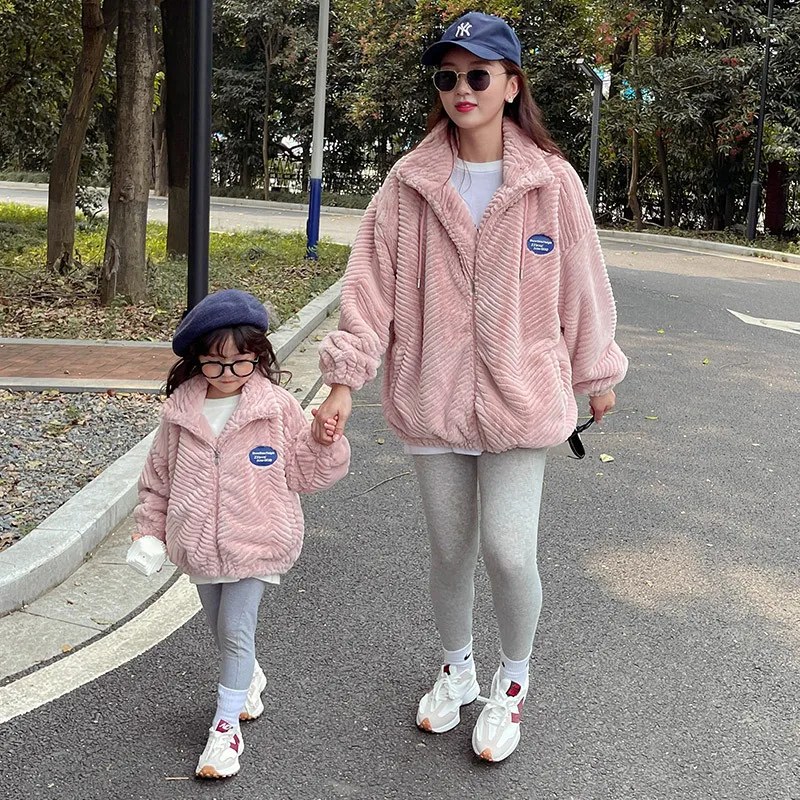 

Winter Mom And Me Clothing Family Matching Padded Fleece Coats Girls Ribbed Tops Long Sleeve Warm Mommy And Me Jackets