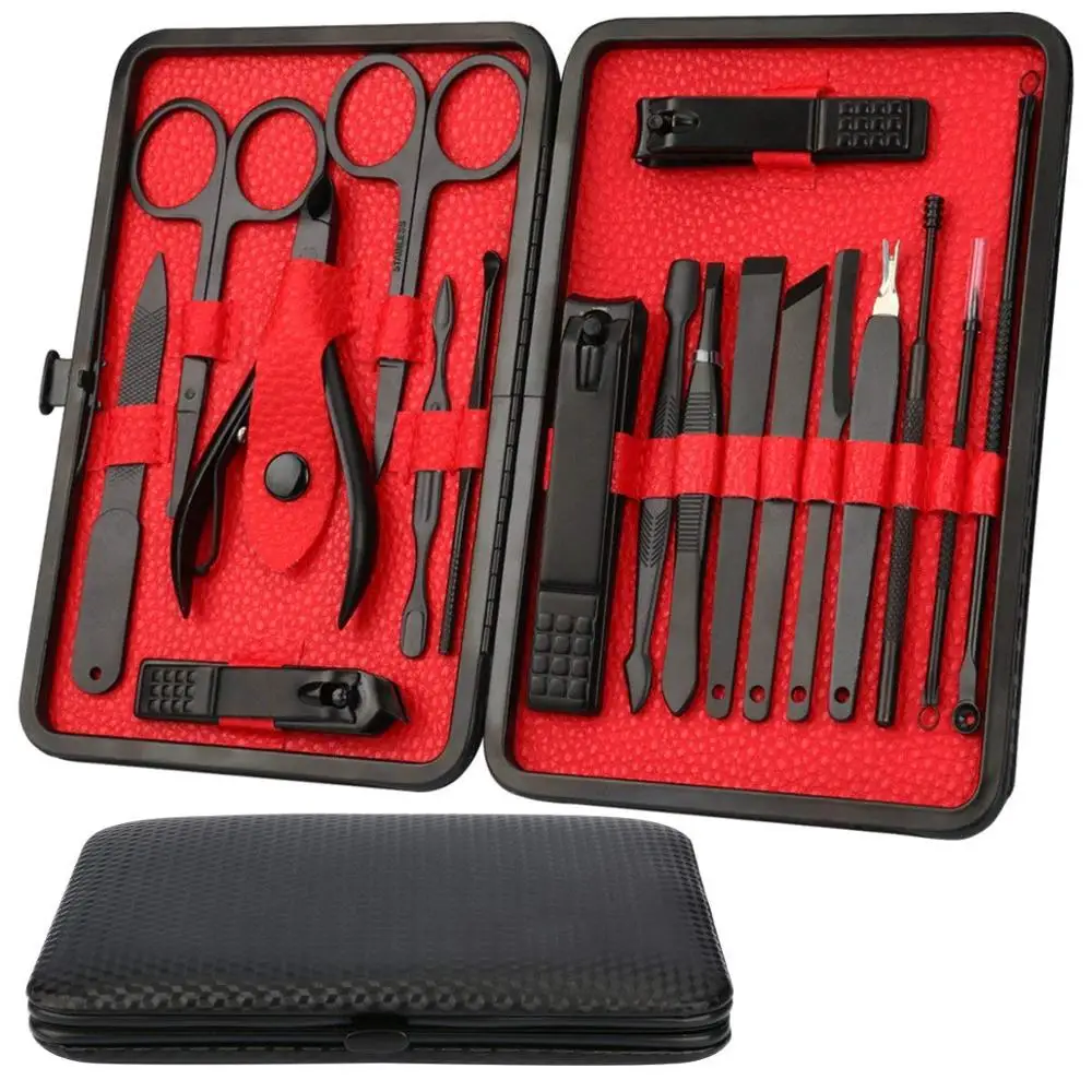 

Custom Logo Multifunction Personal Care 18pcs Stainless Steel Nail Clipper Pedicure Set with Case nail tool kit, Black + red