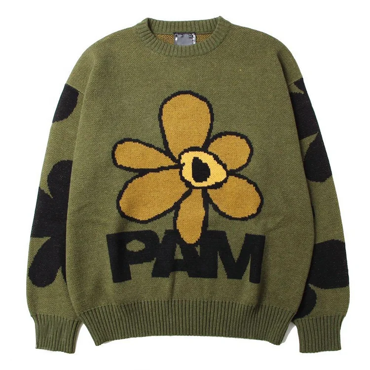 

Knitwear manufacturers custom fall fashion crew neck long sleeved flower jacquard knit sweater women