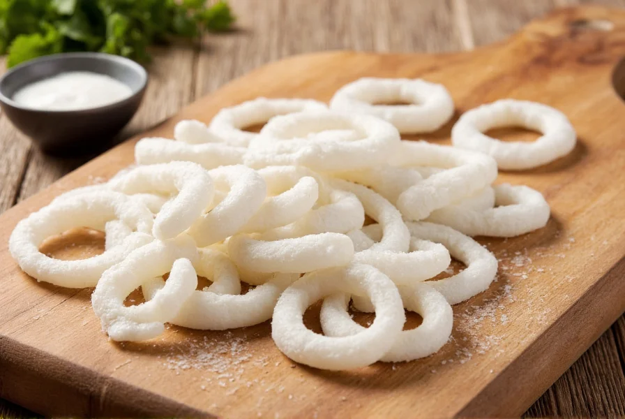Fresh squid rings coated in cornstarch ready for frying, professional food photography style