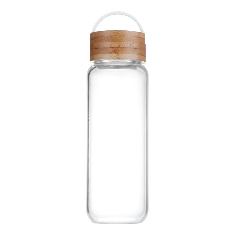 

eco friendly recycled high borosilicate glass juice milk water bottle with bamboo cover and handle