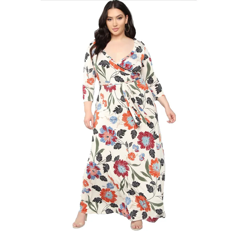 

2020 spring and summer women V neckline floral print plus size dress