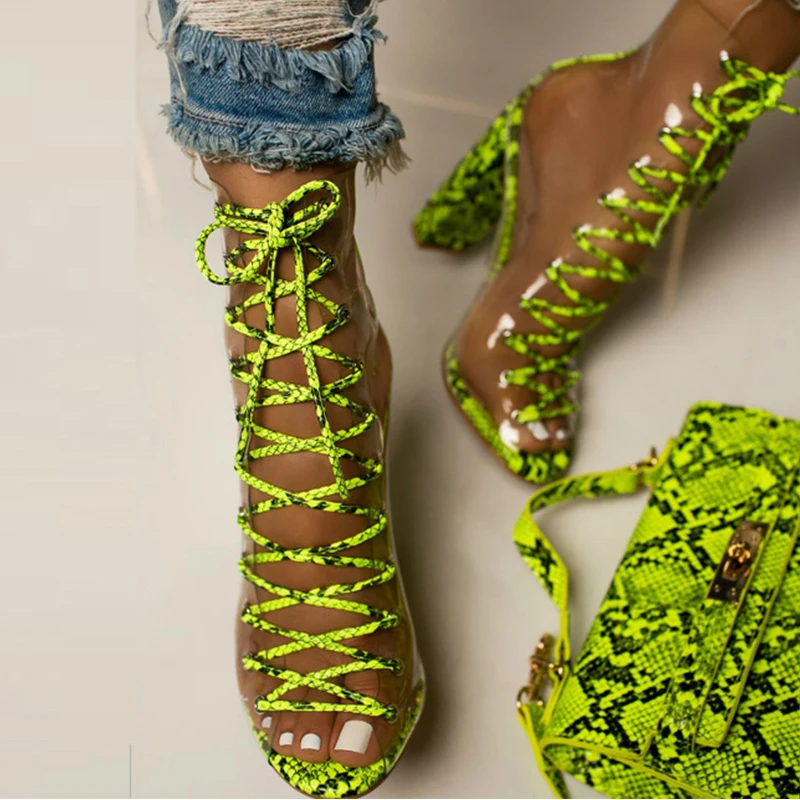 

2020 Amazon Aliexpress Women Fashion Snake High Heels Transparent Cross Strap Sandals Shoes, Green