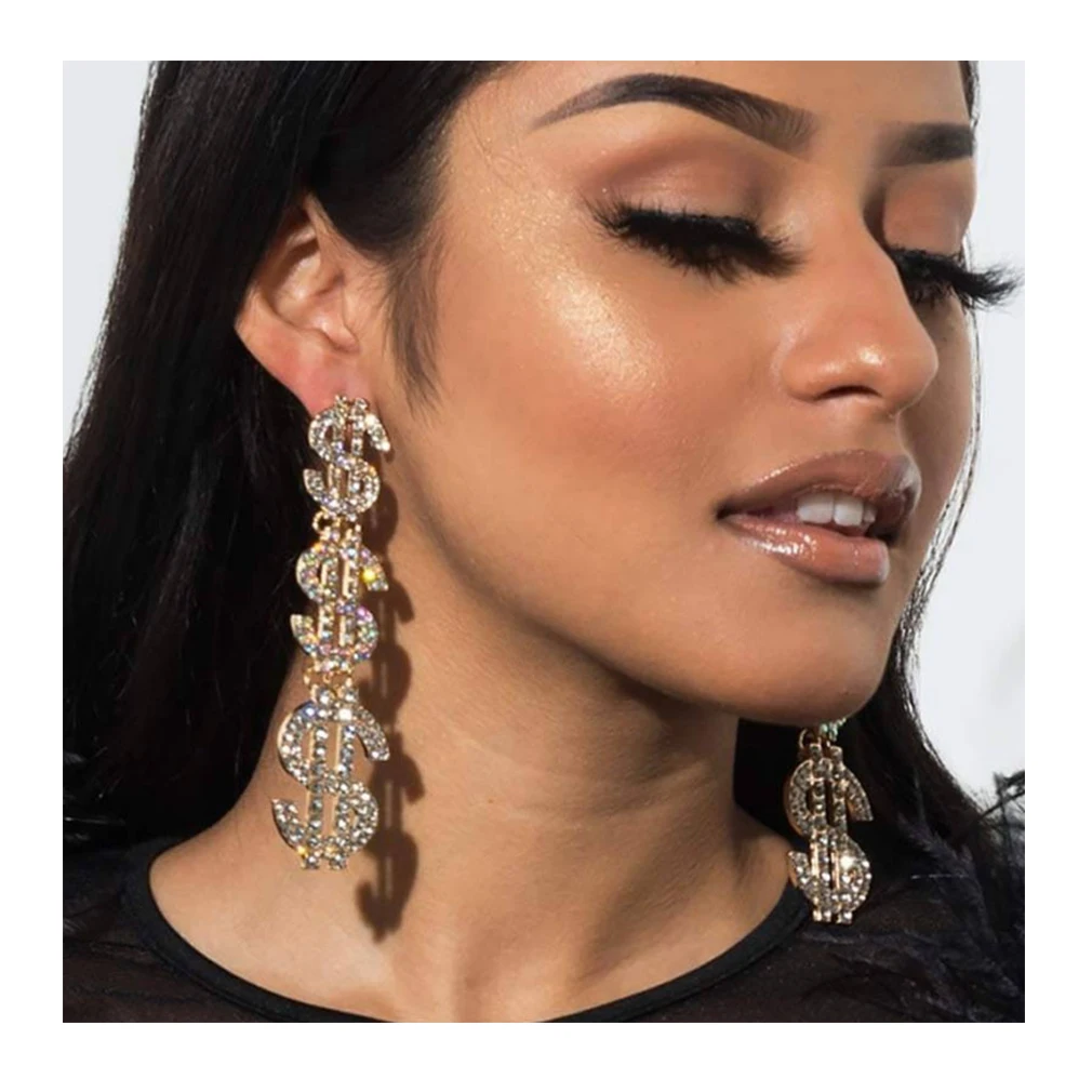 

Wholesale Gold Silver Luxury Rhinestone Big Shinny Jewelry Long Dollar Sign Hanging Dangle Earrings for Women and Young Girls
