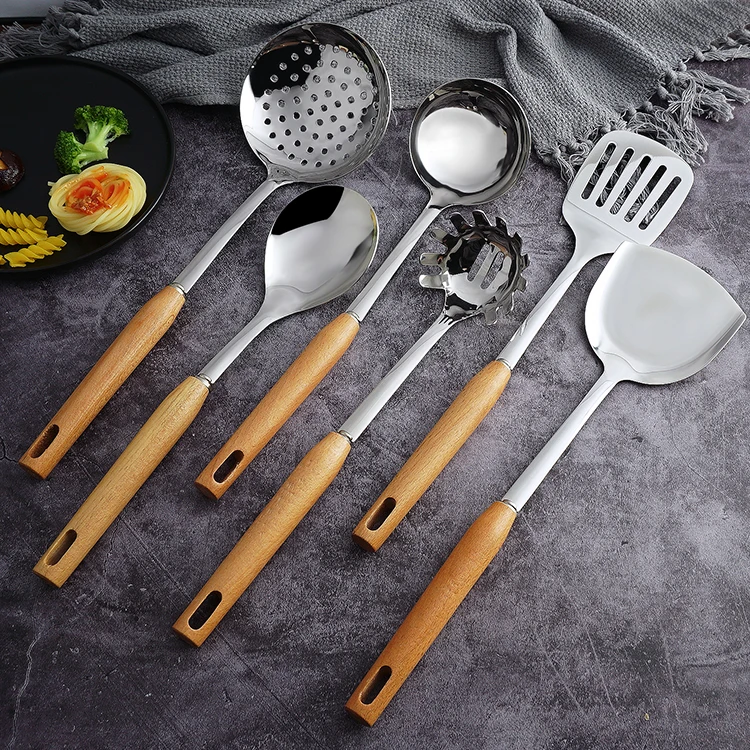 

wholesale wooden handle stainless steel cookware sets kitchenware for Kitchen accessories cooking utensils, Sliver