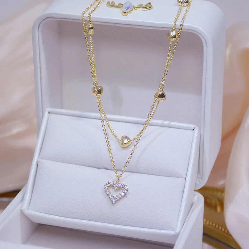 

Shining Bling 14k Real Gold Double Layer Heart Necklace Cubic Zircon Clavicle Chain Heart Pendant Necklace, Gold color