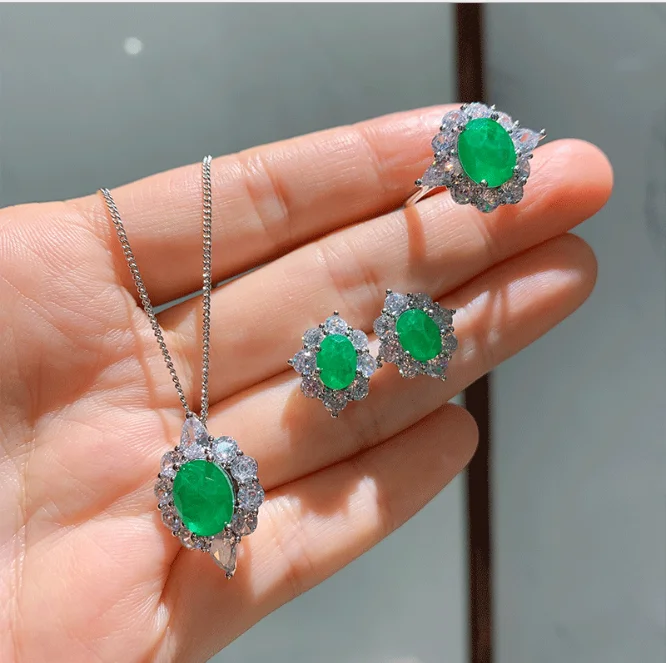 

Zircon Diamond Necklace Earrings Rings Sun Flower Shaped Jewelry Set Fashion S925 Silver Needle Gold Plated Emerald Jewelry Set