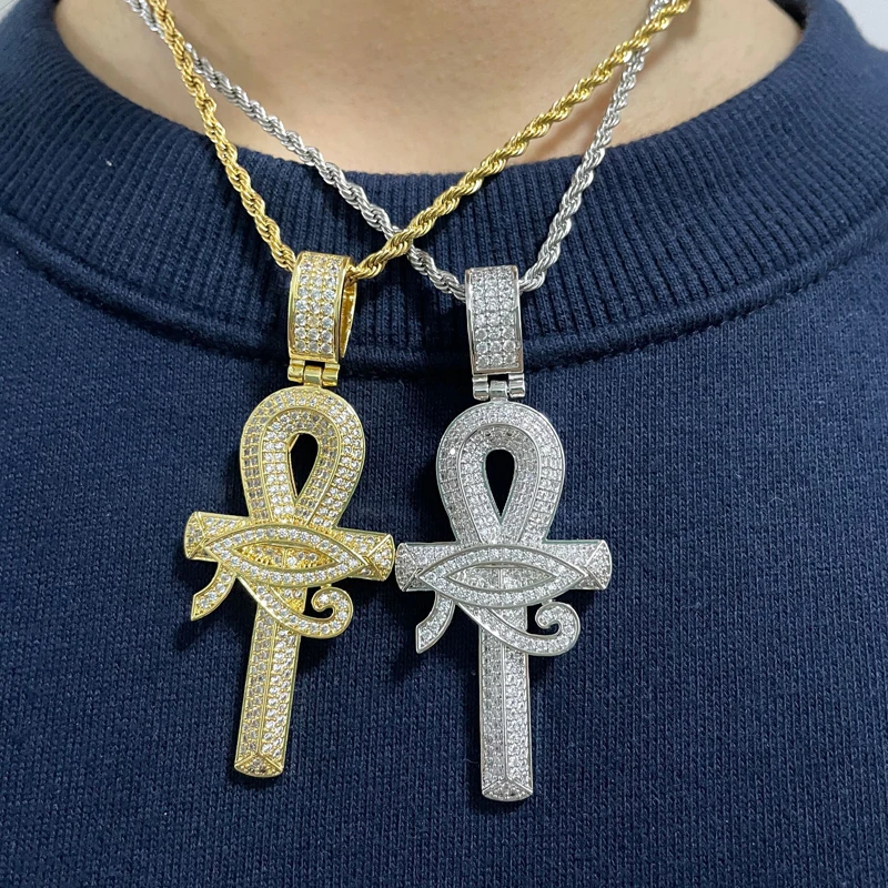 

RTS new design copper alloy ankh cross charm micro pave bling bling diamond gold plated evil eye necklace