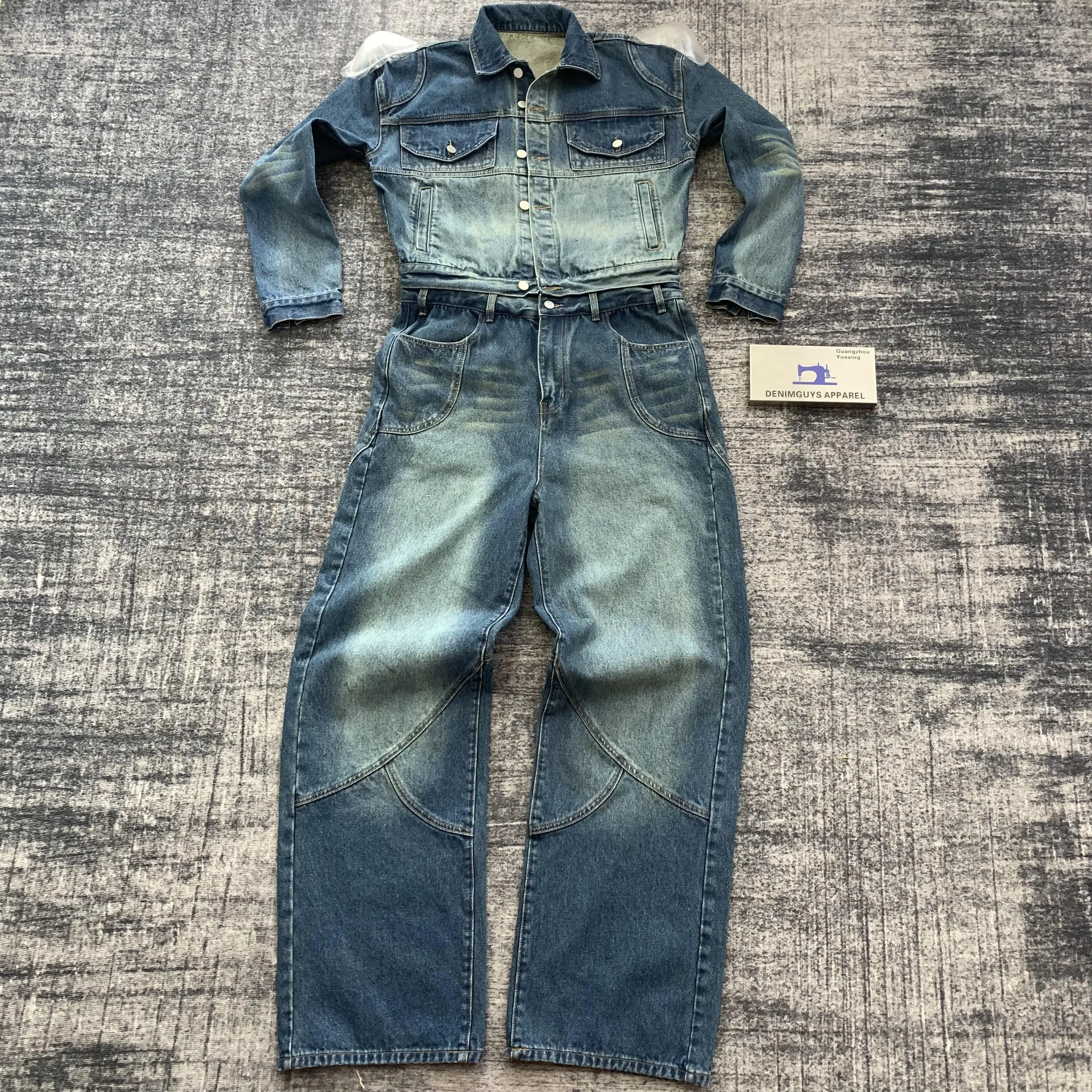 DENIMGUYS Custom Vintage Men's Baggy Denim Suit Mens Acid Streetwear Wash Denim Jacket and Jeans