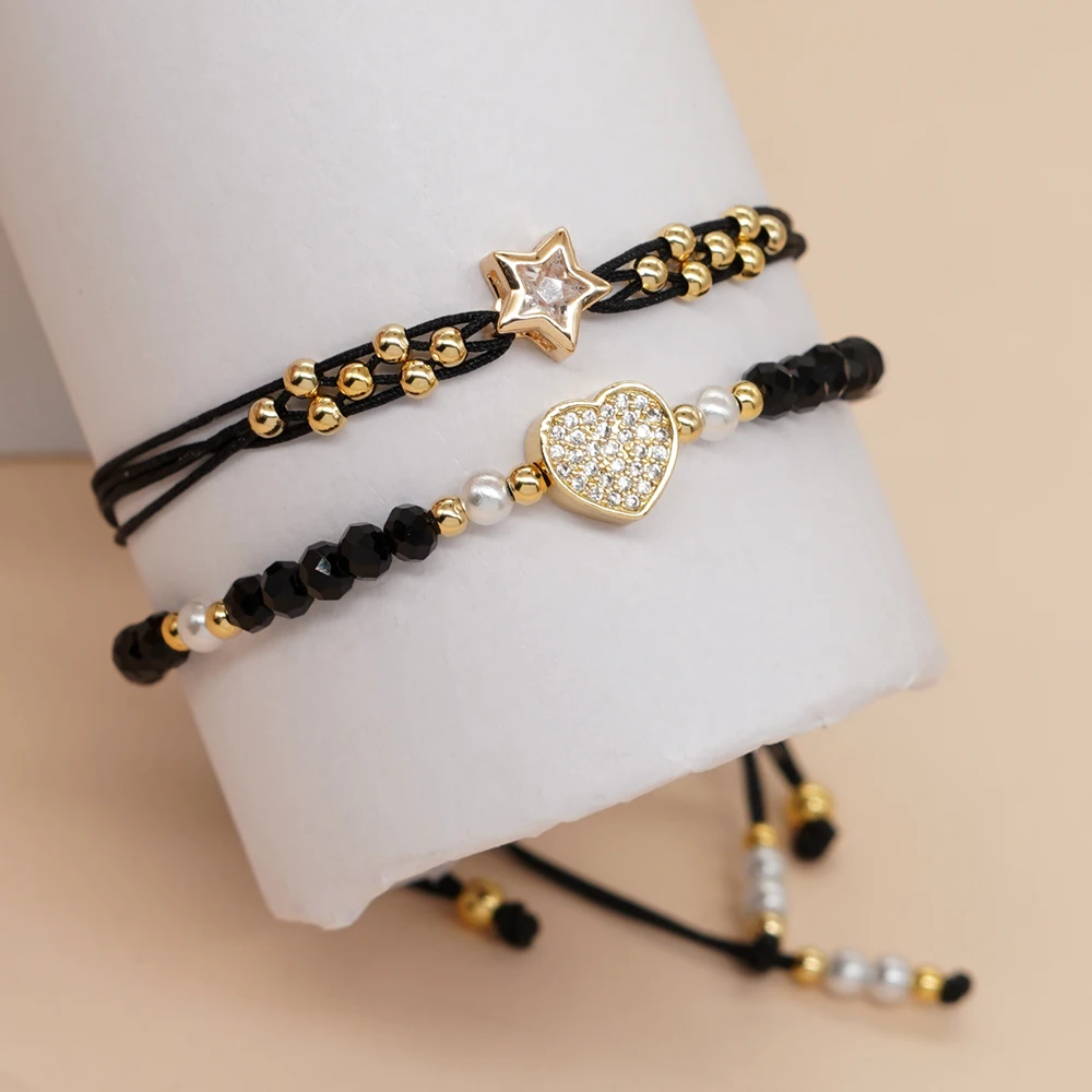 

Go2boho Black Crystal Beaded Friendship Bracelets For Women Zircon Heart Imitation Pearls Jewelry Fashion Friend Gift