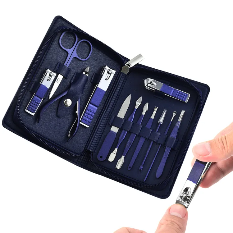 

Zipper Pu Leather Packaging Stainless Steel 12Pcs Manicure Set Blue Nail Clipper Set