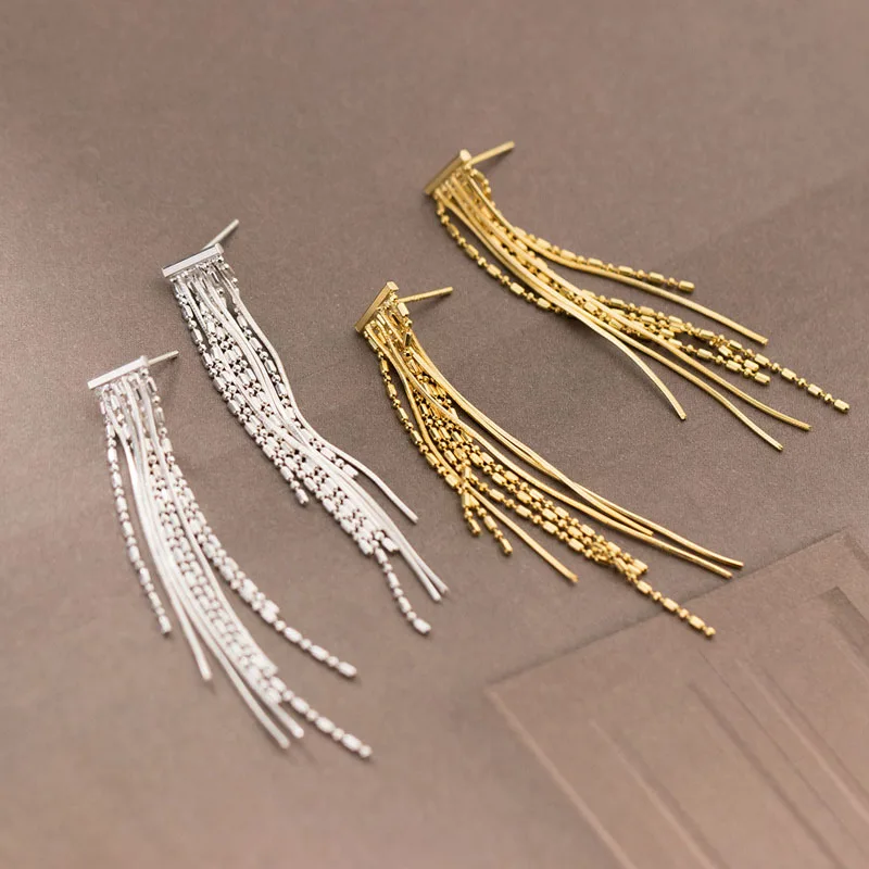 Fashion Unique Design Long Bamboo Snake Chain Tassel Drop Earrings for Girls S925 Sterling Silver Jewelry Gifts