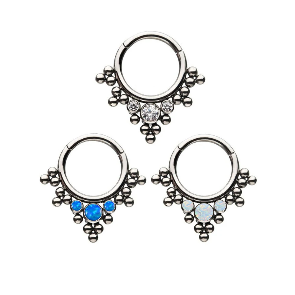 

ASTM F136/G23 Titanium 5 Tri-bead Cluster 3 Piece of CZ Hinged Segment Ring Cartilage Nose Ring Earring Piercing Body Jewelry