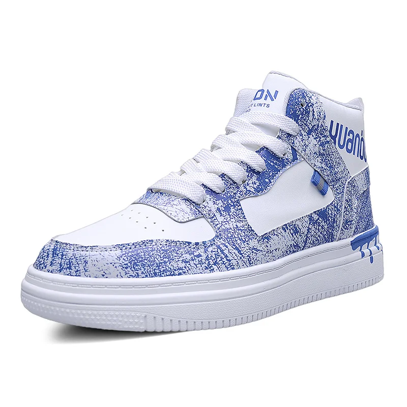 

High Top Korean Style Men Casual Shoes Ice Cream Painting Thick Sole Sports Sneakers, Blue