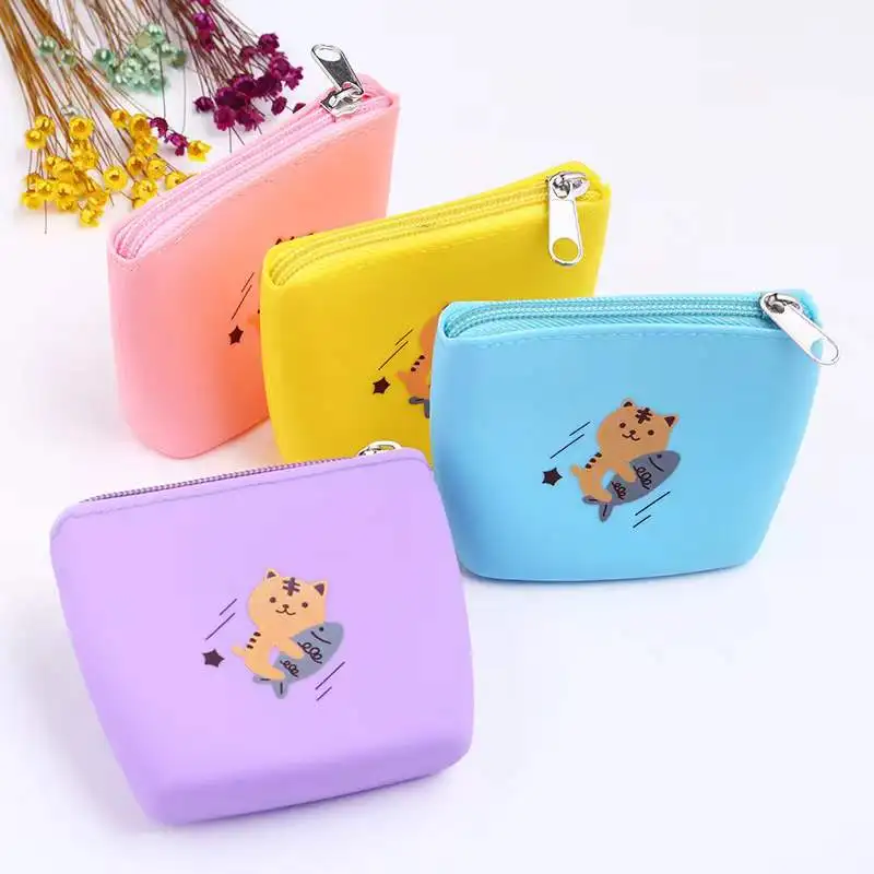 

New Cute Cat Coin Purse Bag With Zipper Kids Cartoon Silicone Kawaii Bag Coin Pouch Children Purse Holder Kids Coin Wallet, Coloful