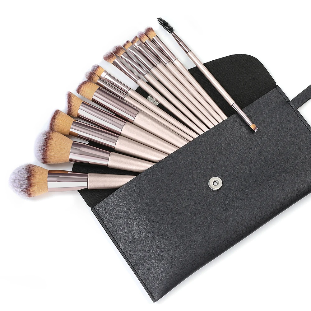 

50sets custom logo Popular 14 in 1 Champagne Makeup brushes set with PU bag Wooden Cosmetic Make up brushes