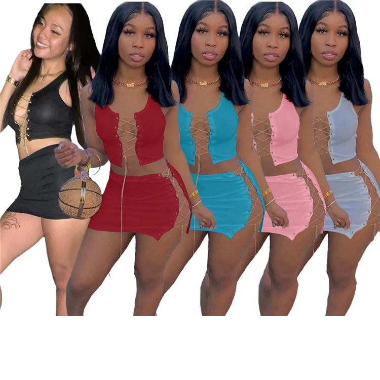 

Sexy 2pc Bandage Skirt Streatwear Summer Women Two Piece Short Sets, Custom color