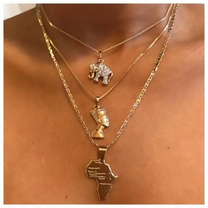 

Bohemian multi layer fashion necklace jewelry elephant head and African map pendant gold plated layered necklace women, Picture