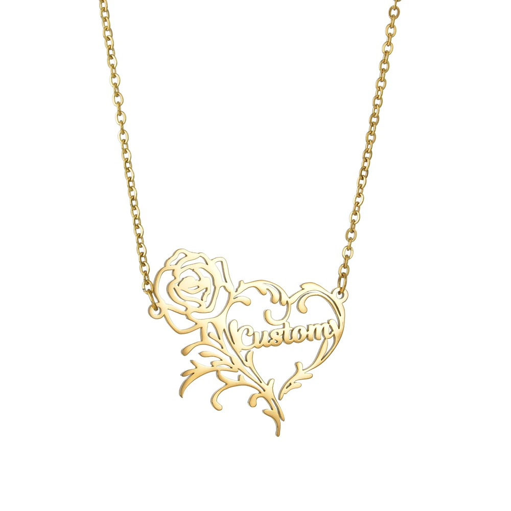 

Personalized Name Love Stainless Steel Jewelry Flower Pendant Necklaces Gift Customized Name Rose Heart Necklace For Lover