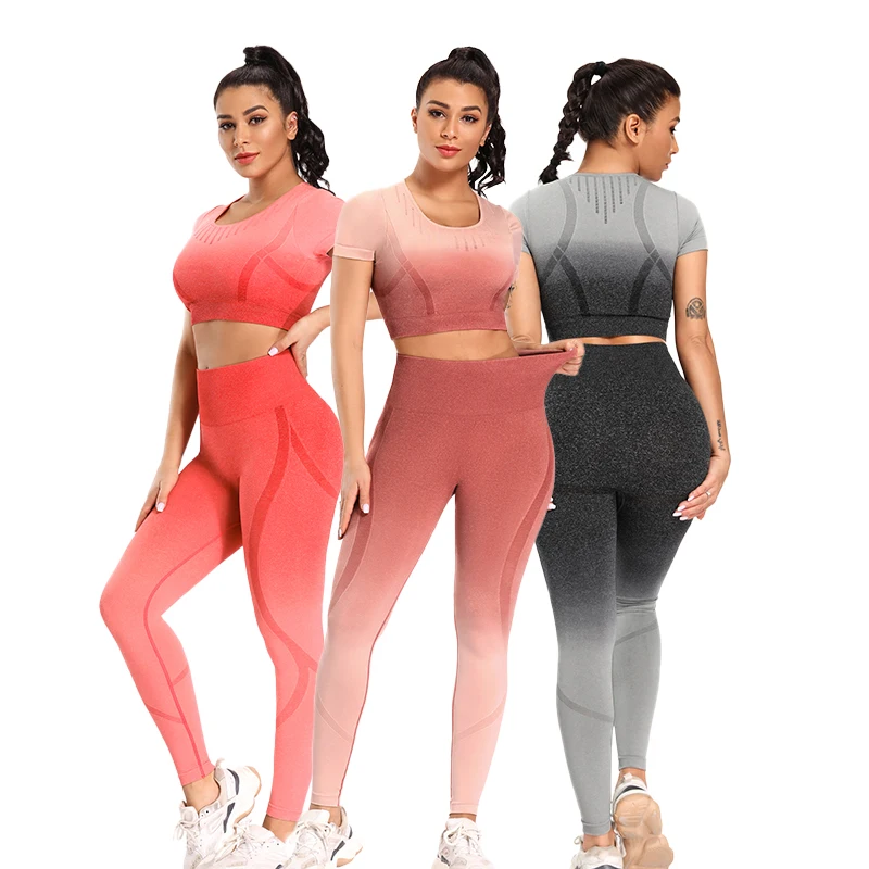 

Elastic Short Sleeve Yoga Suit Women Seamless Gradient Yoga Set, Customized colors