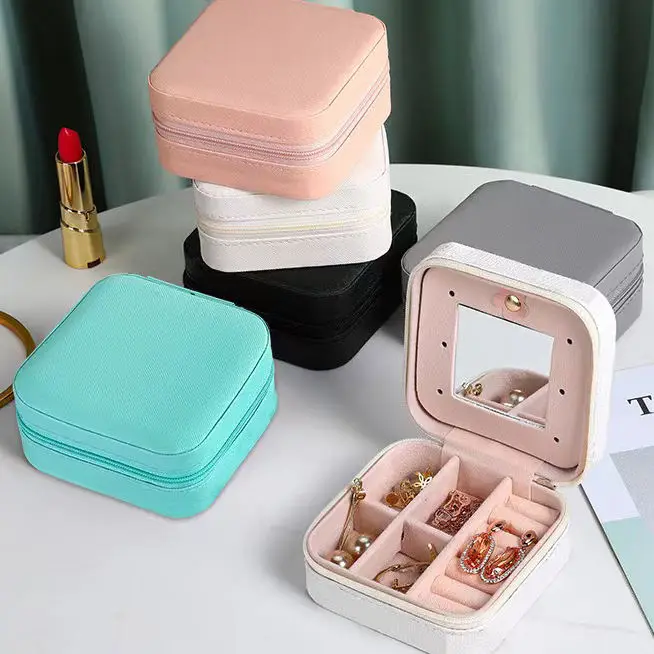 Hot Sale Women Girls Earrings Box Organizer Portable Jewelry Storage Case PU Leather Small Travel Jewellery Boxes With Mirror