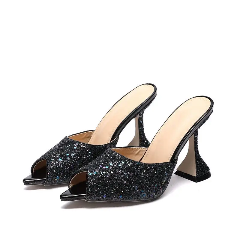 

2021 summer woman slipper shiny peep toe wine glass heels sandals large size