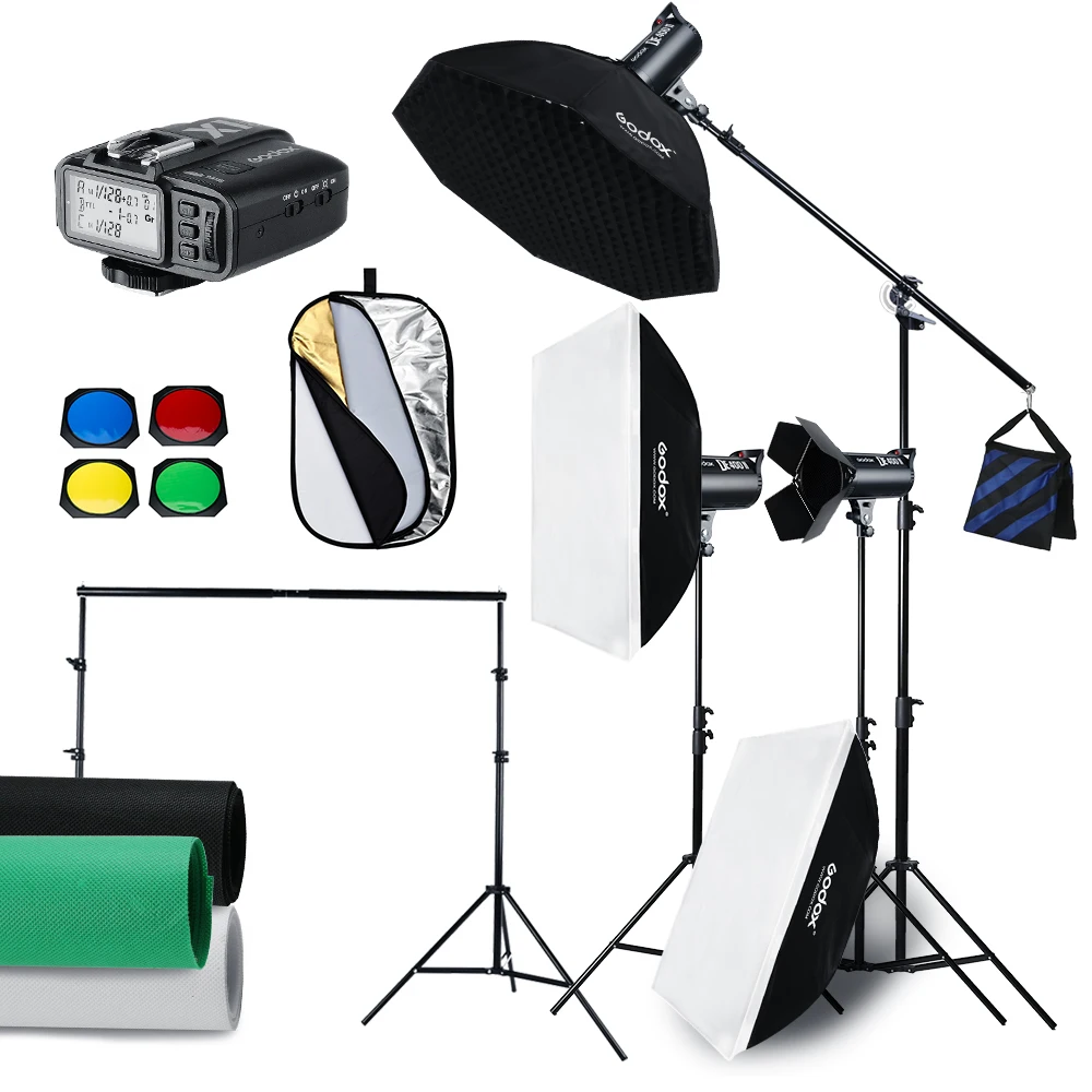 

inlighttech 1200W Godox DE400 II 3x 400W Photo Studio Flash Lighting,Softbox,Stand, 2X3M Background cloth, background bracket, Other