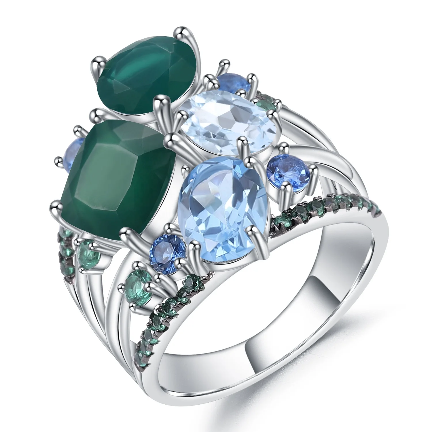 

Abiding 925 Sterling Silver Natural Green Agate Topaz Gemstones Rings Classic Women Wedding Jewelry