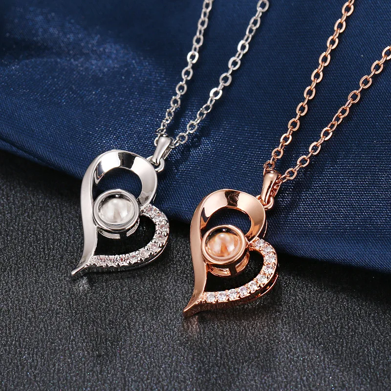 

Romantic heart shaped projection necklace in 100 languages I love you Fashion Jewelry Pendant Necklace for woman