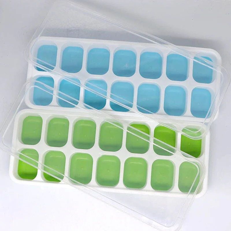 

Food Grade 14 Cavities Easy Release Spill-resistant Removable Lid Stackable Personalized Ice Cube Trays, Blue, green