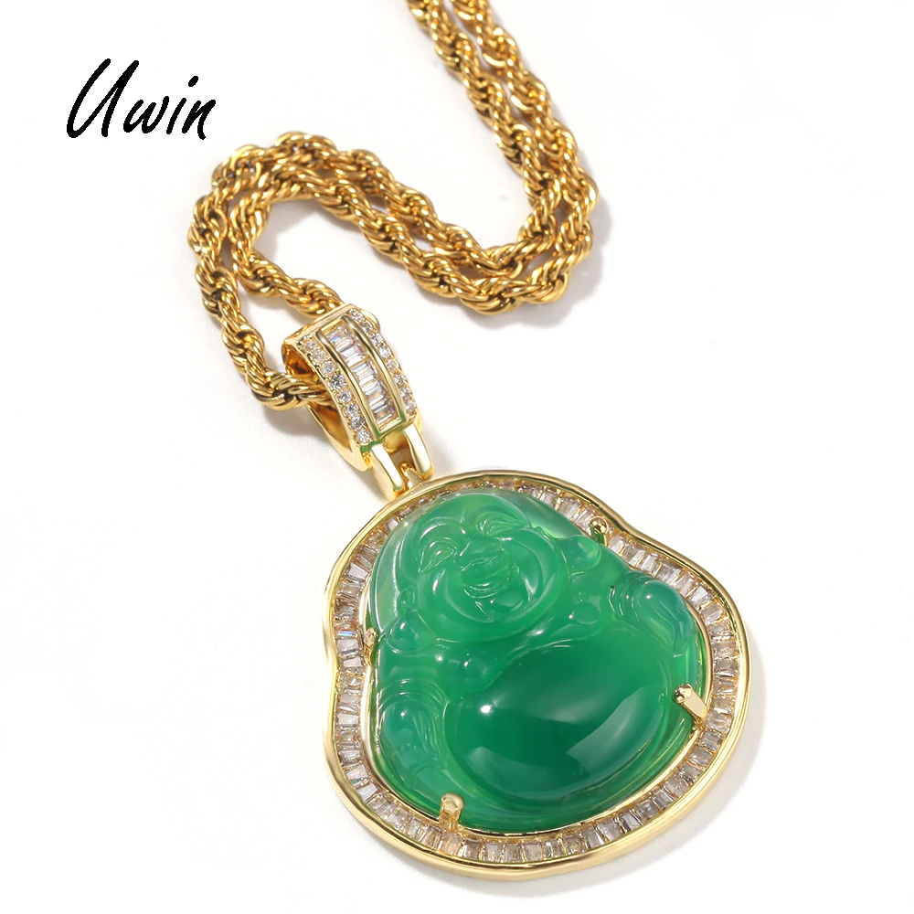 

Customize Iced Out Green Red Agate Buddha Pendant Necklace Baguette CZ Rapper Jewelry for Women Men, Pink , green, red agate, gold and platinum plated
