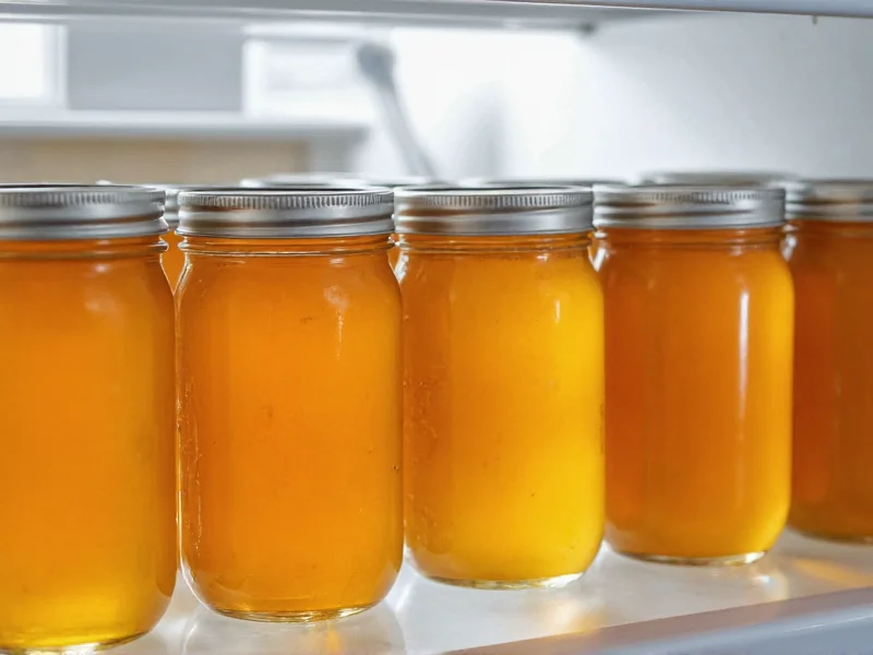 Glass jars of golden chicken broth in freezer