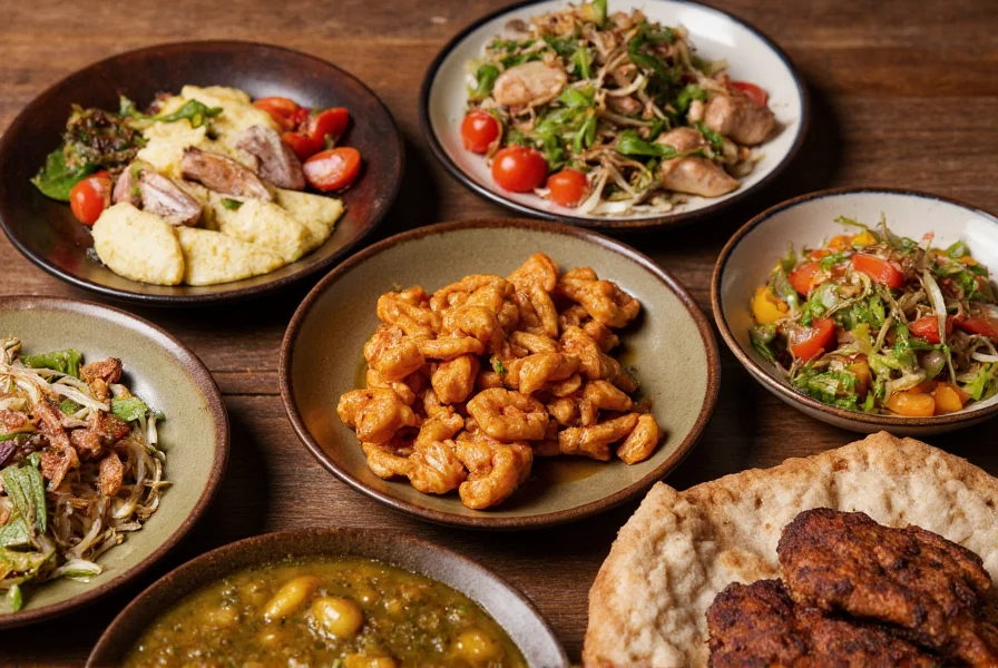 Cardamom-infused dishes from various global cuisines arranged on a wooden table