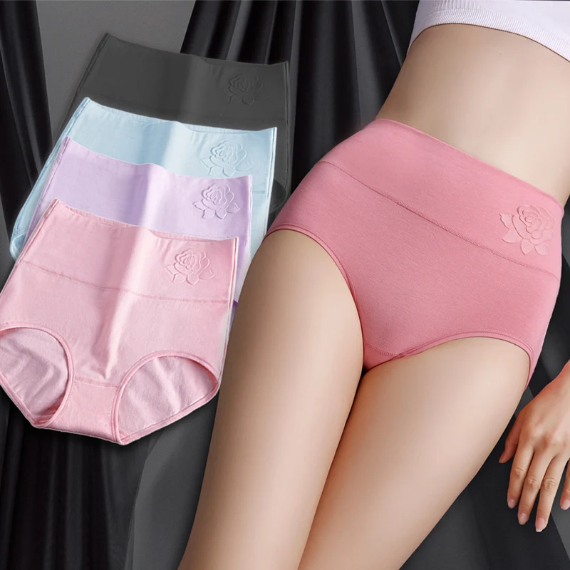 

L-3XL Embossed ROSE cotton women's briefs elastic large size XXXL ladies underwear breathable plus high waist panties