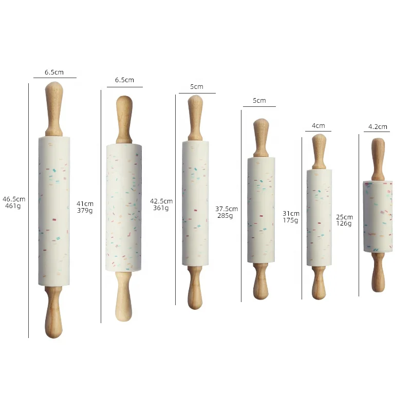 

Top Seller Customized silicone Colored Particles Dough Rolling Pin With Stable Wood Handle, White