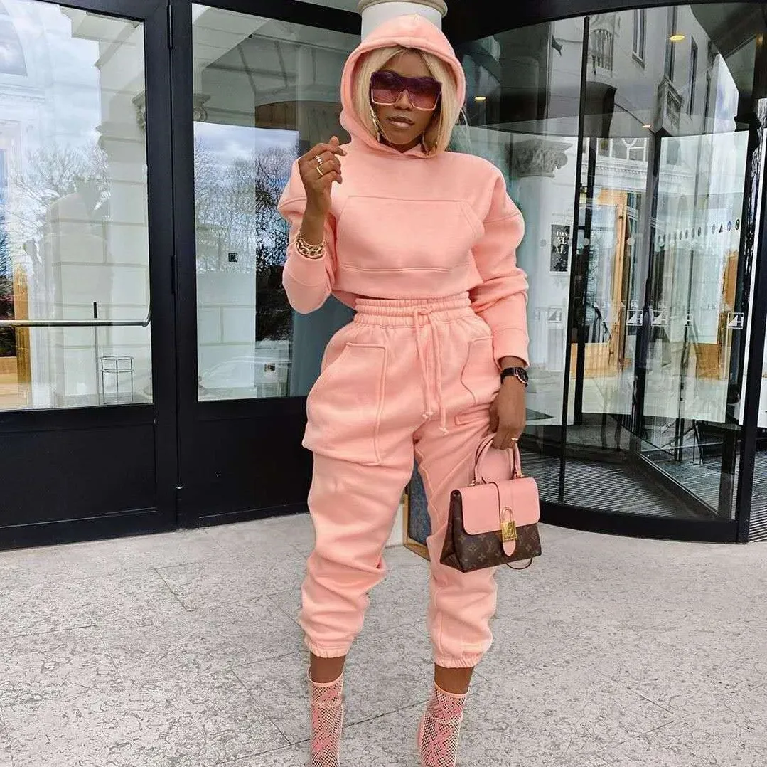 

Casual Solid Hoodie Sweatsuit 2 Piece Pants Sets Autumn 2021 Women Ladies Leisure Oversize Crop Two Pieces Jogger Set, Pink,orange,gray