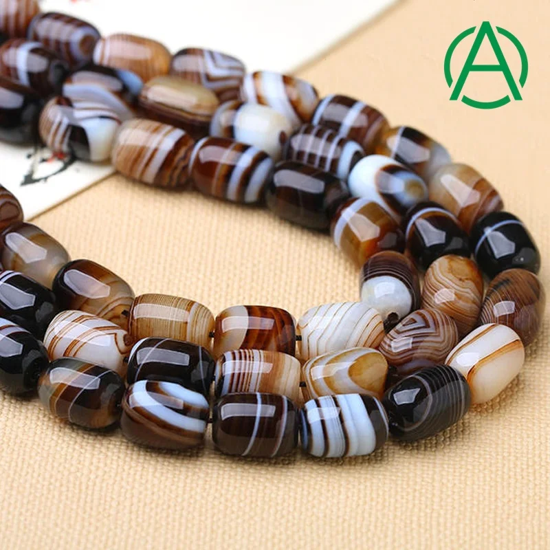 

ArthurGem Natural black brown striped agate drum beads, striped agate barrel beads for jewelry Making, Natural color