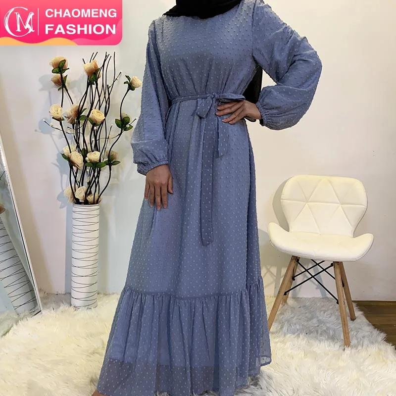 

6294# Wholesale Turkish Modern Ruffle Polka Dot Islamic Clothing Dubai Abaya Designs Modest Maxi Muslim Fashion Dress, Brown/skyblue/dustypink/navy/black