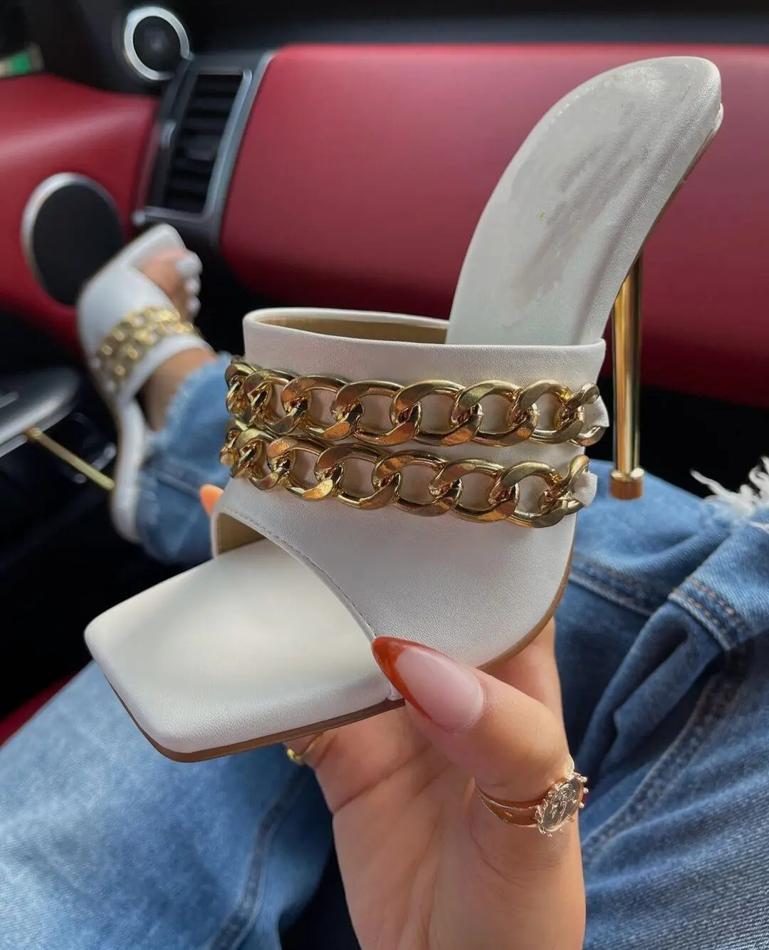 

112259 DEleventh Shoes Woman Summer European and American New style of foreign trade Square head metal chain high-heeled shoes, Gold, white, apricot