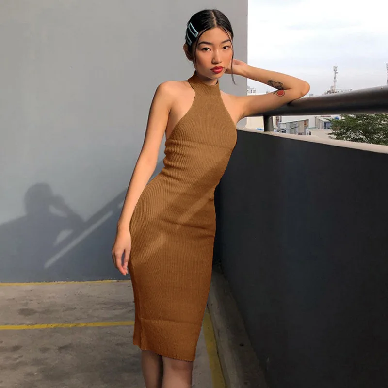 

Women Bodycon Halter Knitting Dress 2Piece Outfit Solid Midi Casual Strewear 2021 Ribbed Office Lady Simple Clother