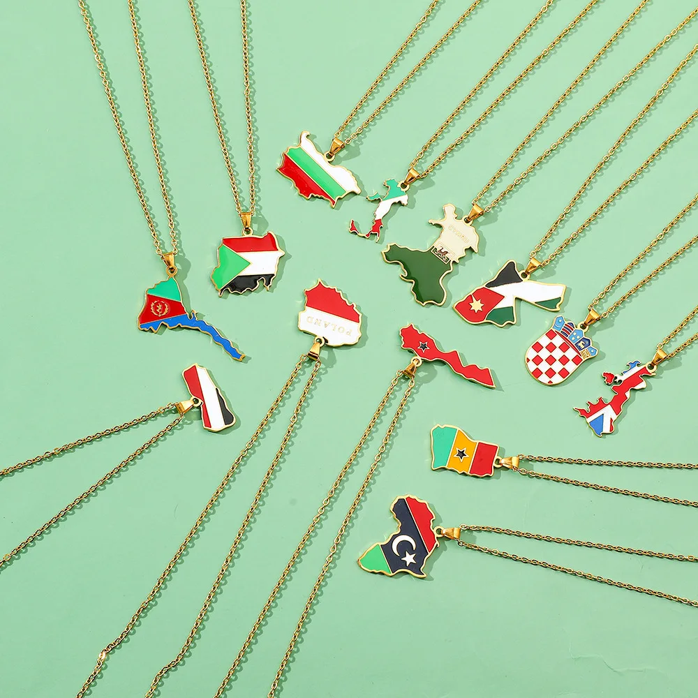 Factory World Countries Map Flag Charm Chain Necklace Stainless Steel Silver 18K Gold Plated National Flag Pendant Necklace