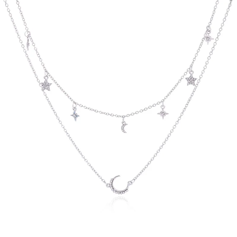 

Alloy diamond horn pendant with multi-layer star and moon necklace