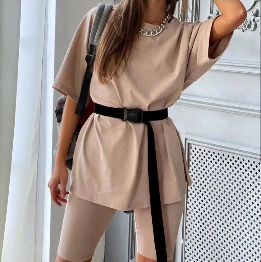 

Summer 2020 Women Set O Neck Loose Short Sleeve Top Shirt And Biker Shorts Casual Two Piece Sets White Outfit Khaki Suit
