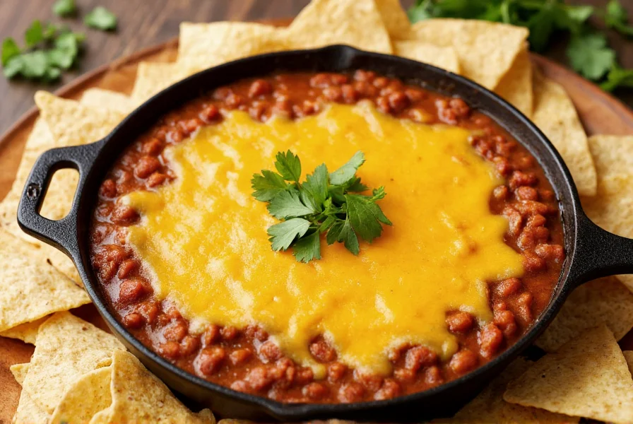 Homemade chili cheese dip in cast iron skillet with melted cheese bubbling, surrounded by tortilla chips and fresh cilantro garnish
