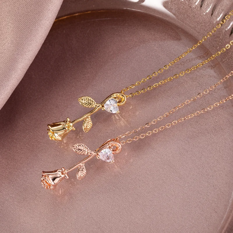 

Valentine's Day Gifts Jewelry Rose Flower Necklace Stainless Steel Gold Rose Gold Zircon Flower Heart Choker Necklace