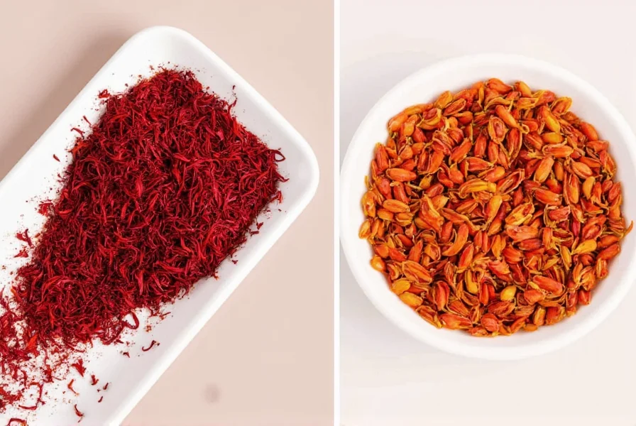 Close-up photograph showing genuine saffron threads next to common saffron substitutes for visual comparison