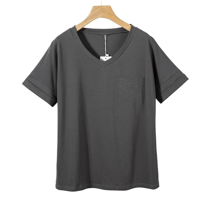 

Rummandy New design Black V Collar Short Sleeve 95% Polyester 5%Spandex Comfortable Women T Shirt With Pocket, Customized color